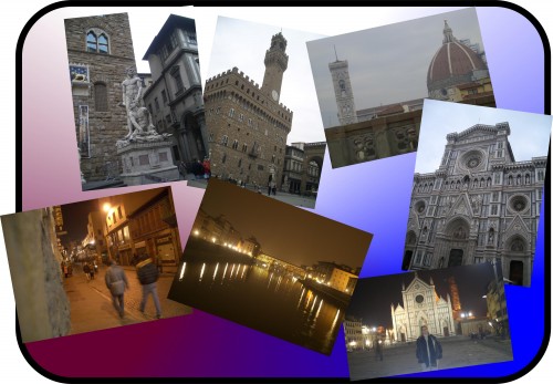 Clockwise: early Italian baseball, the Palazzo Vecchio (and David), view of the Duomo from the Ufizzi rooftop pizzaria, the Duomo entrance, Basilica d
